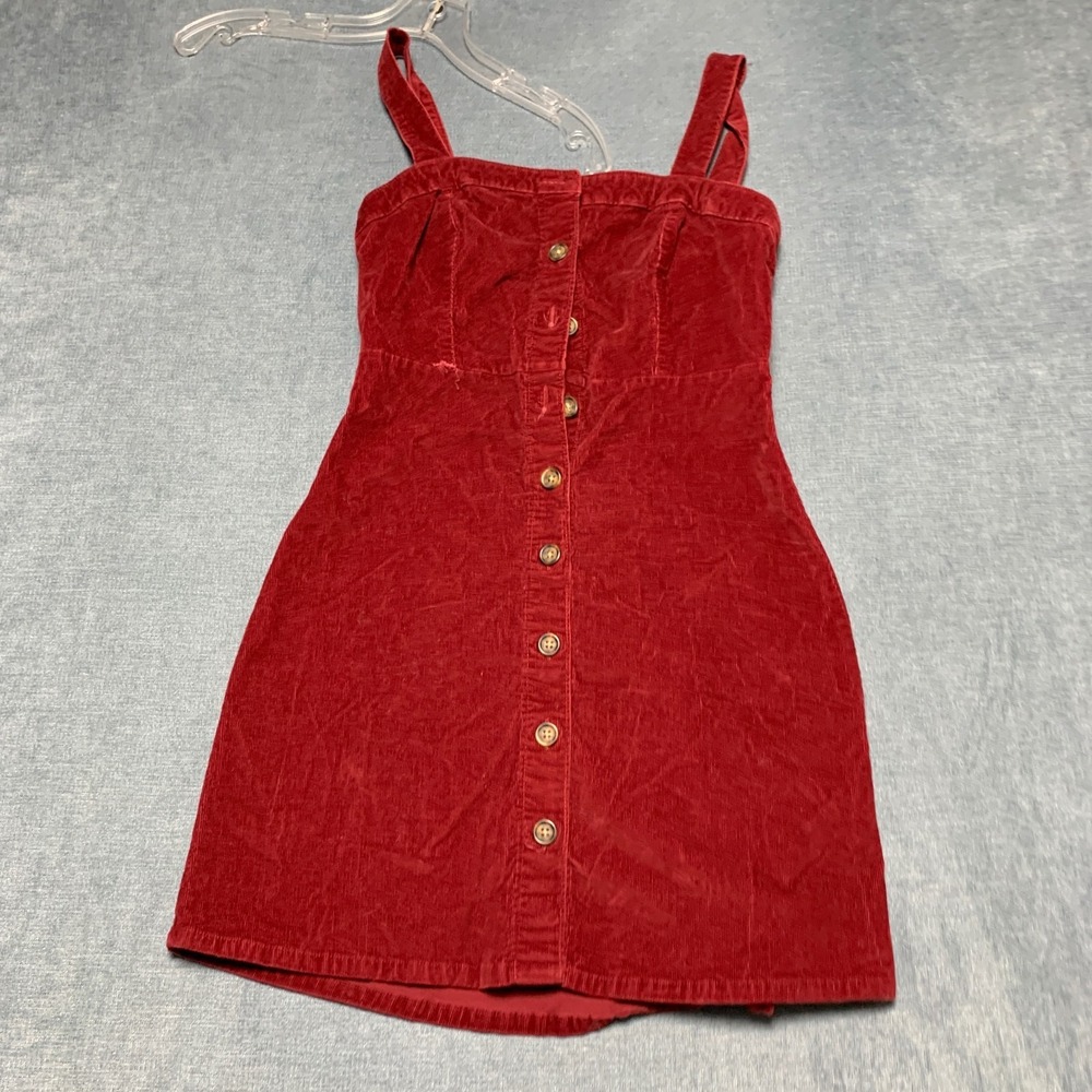 Hollister Corduroy‎ Mini Dress Womens Small Red Button Front Strappy Sleeveless